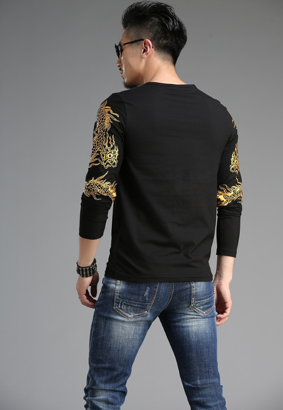 Chinese style  tide male Long sleeve t-shirt round neck Slim 3D dragon shirt Lycra cotton