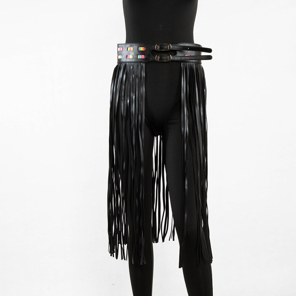 Nightclub Costume PU Leather Fringe Skirt