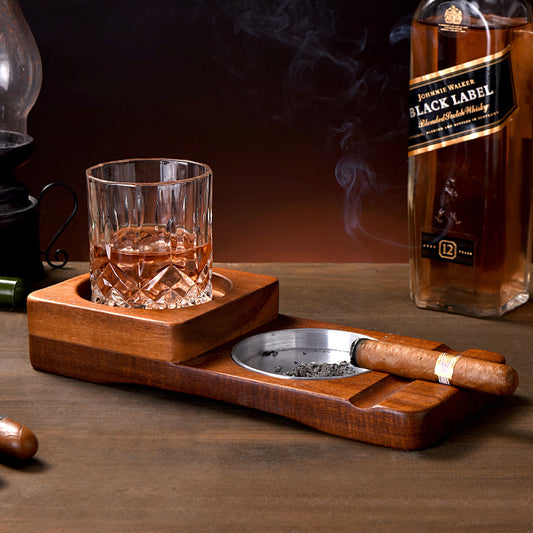 2 In 1 Wooden Ashtray Rustic Wood Whiskey Glass Cup Tray And Cigar Holder