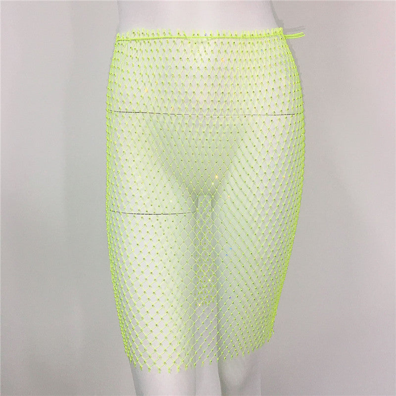 Women's Grid Drill See-Through Hip Short Skirt