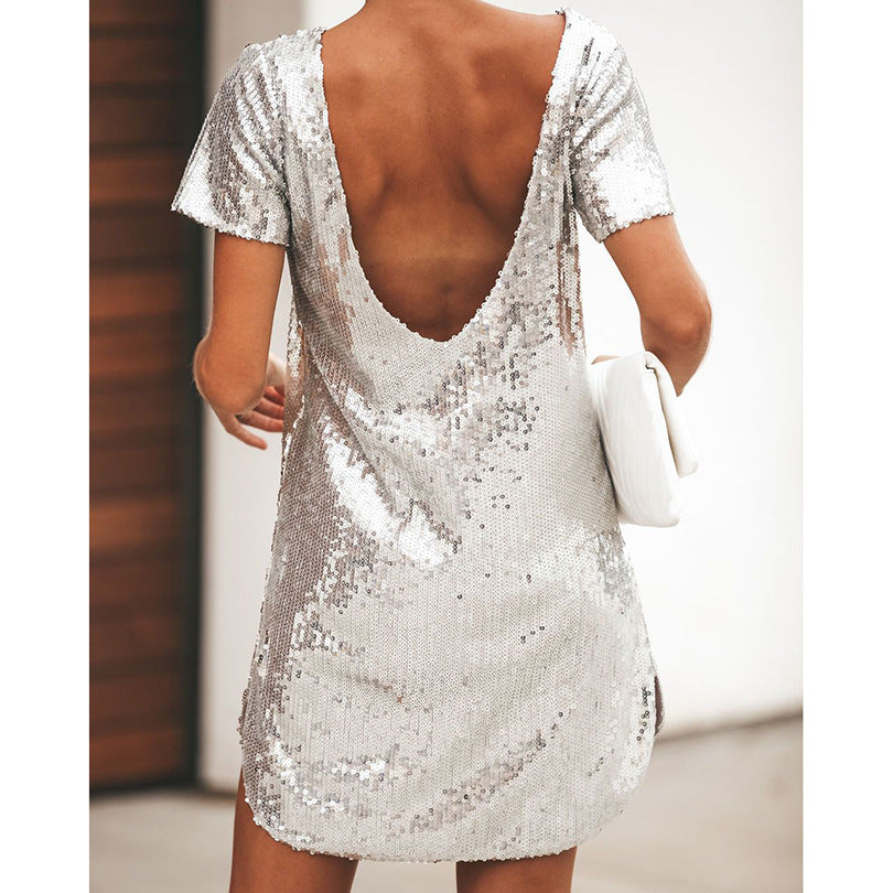 Sexy Nightclub Sequined Backless Short Sleeve Dress