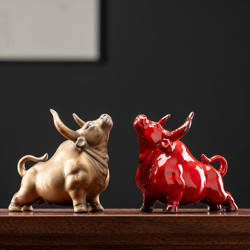 Ceramic Red & Bronze Bull Figures
