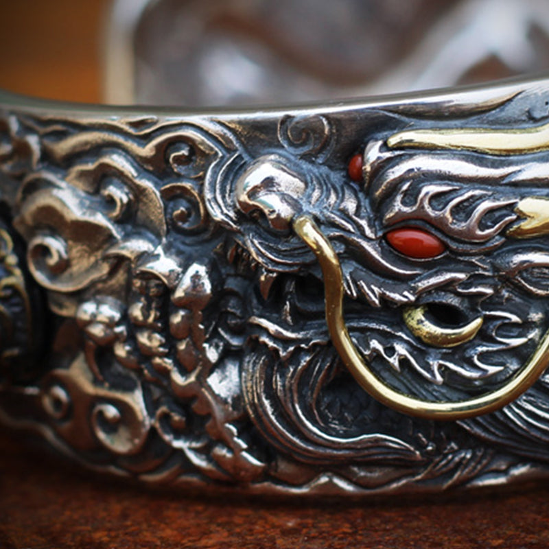 Handmade Dragon Bracelet Shenlong Guardian Lucky Silver Retro Personality Domineering Opening
