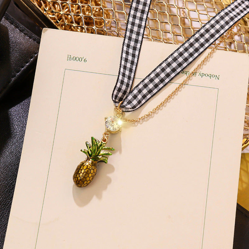 Absurd Plaid Ribbon Pineapple Necklace