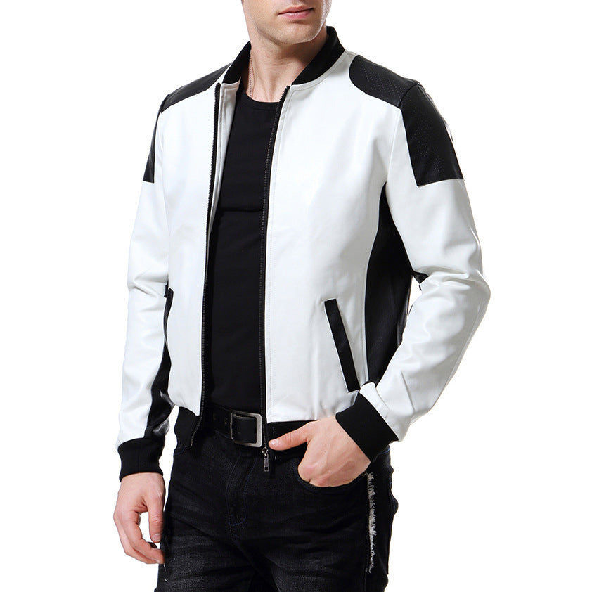 Black & White Color-block PU Leather Jacket