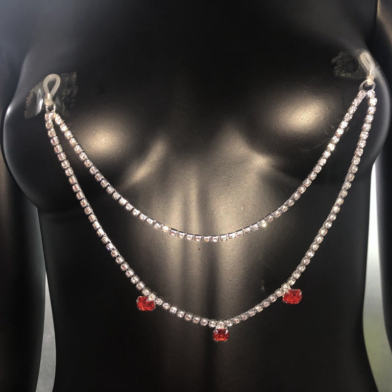 Double Red Rhinestone Nipple Body Chain
