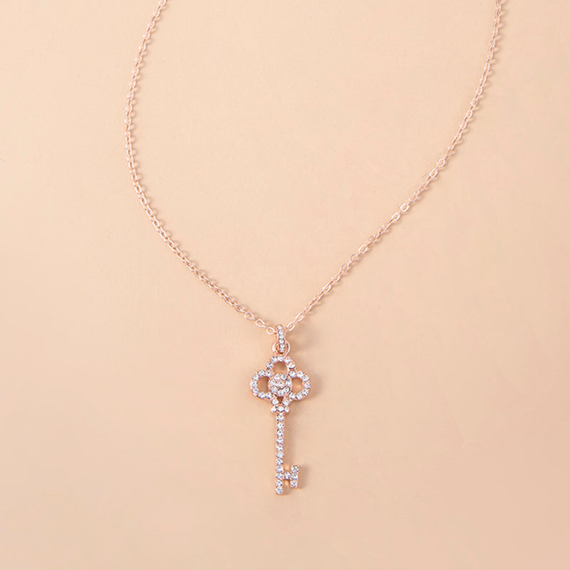Rose Gold Rhinestone Heart Crown Key Pendant Necklace For Women