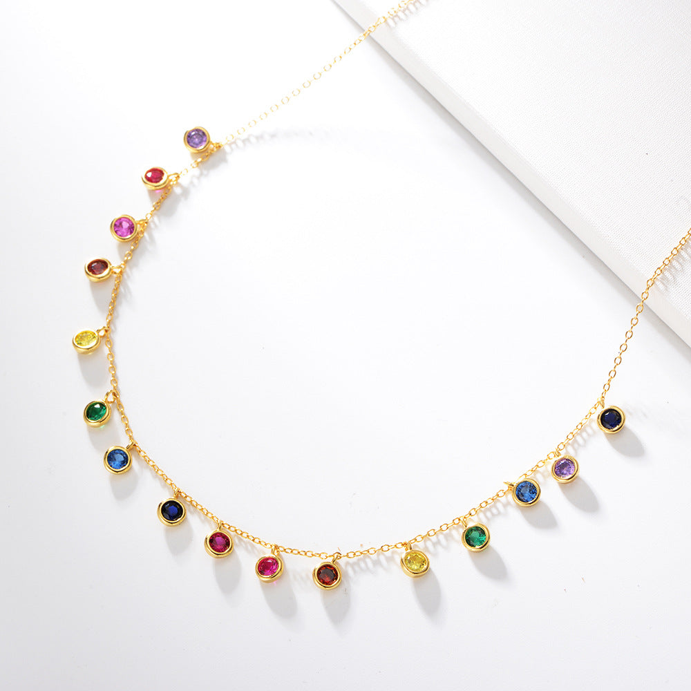 S925 Sterling Silver Color Round Zircon Necklace Female Rainbow Clavicle Chain