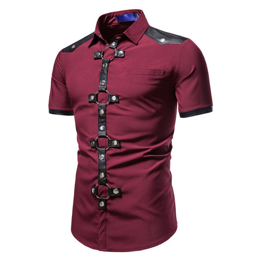 New European And American Men's Gothic Style Rivet Leather Patchwork Short-sleeved Shirt Simple Fashion Costume
