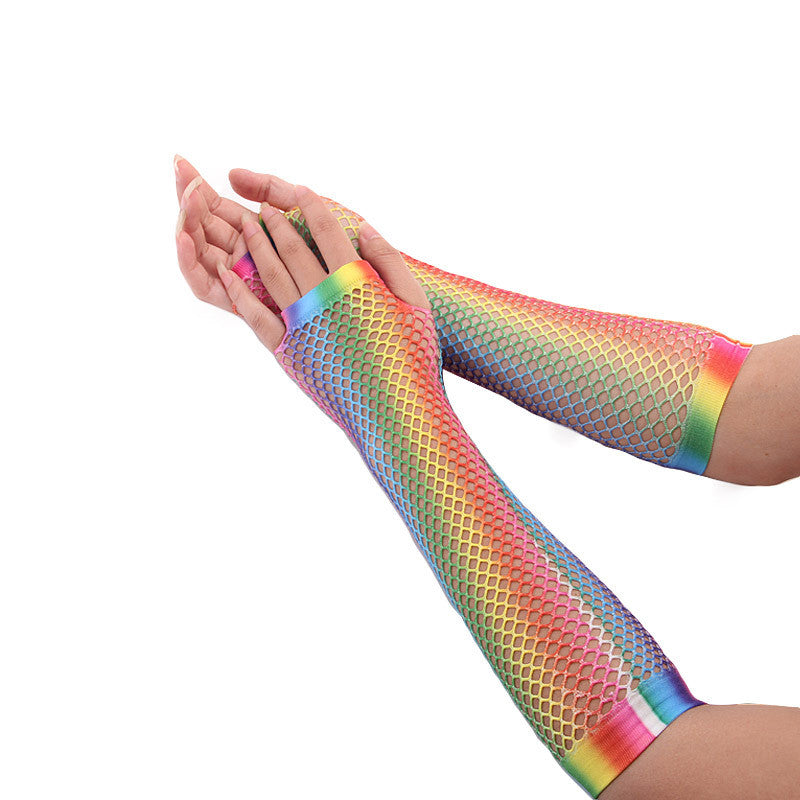 Rainbow Color Sexy Fishnet Half-finger Long Net Gloves