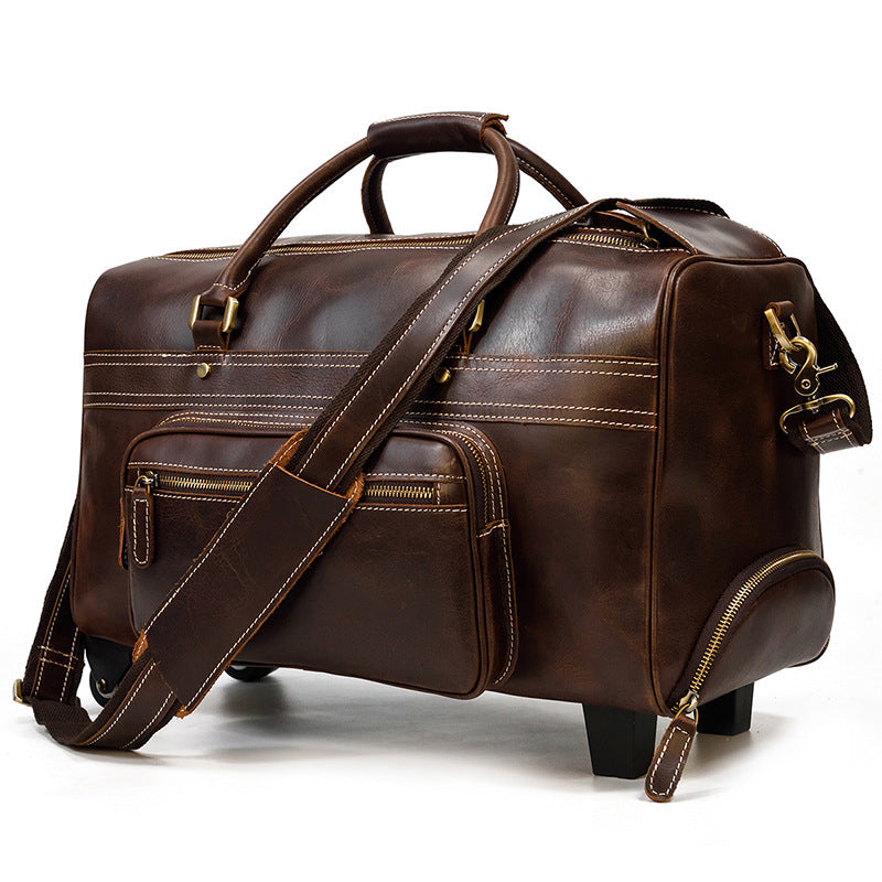 Men's Genuine Leather Trolley Case Retro Leather Travel Bag