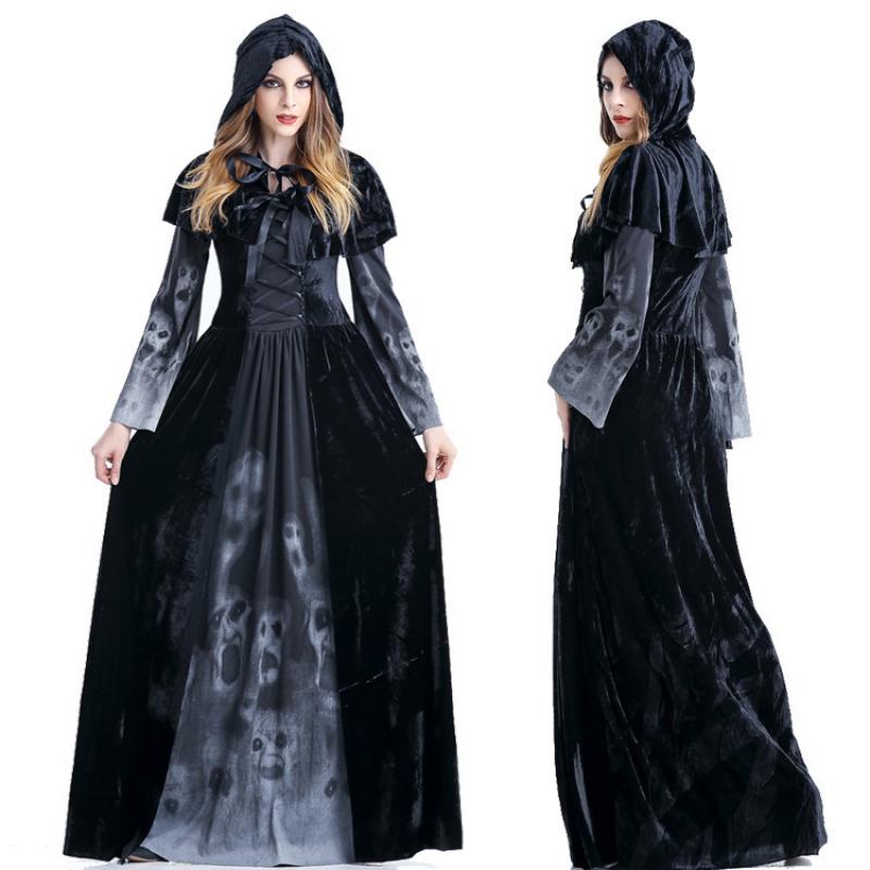 Halloween Women Medieval Gothic Witch Maleficent Horror Scary Cosplay Costume Carnival Party Ghost Long Black Hooded Dress