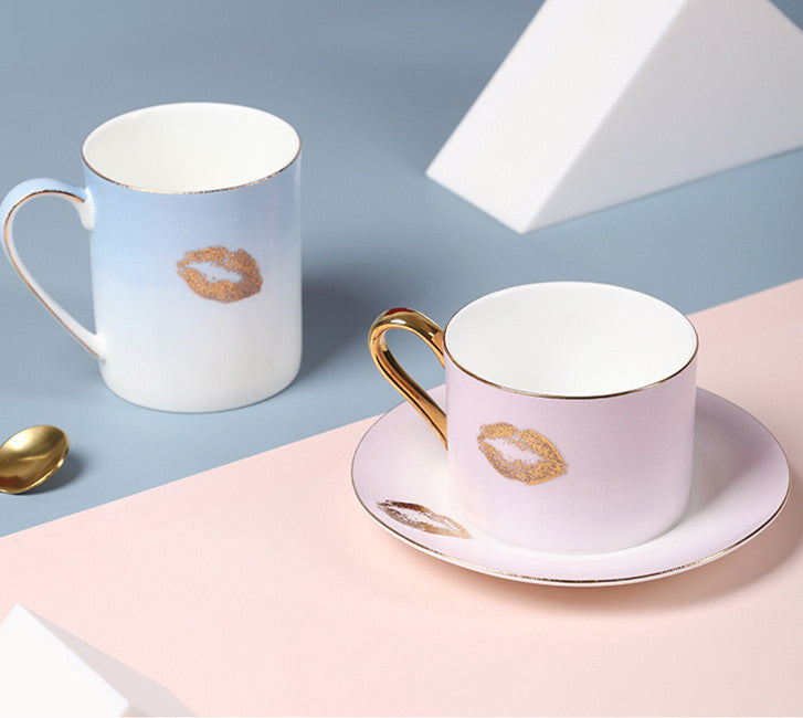 Lip Print Bone China Gradient Color Mug Ceramic With Spoon