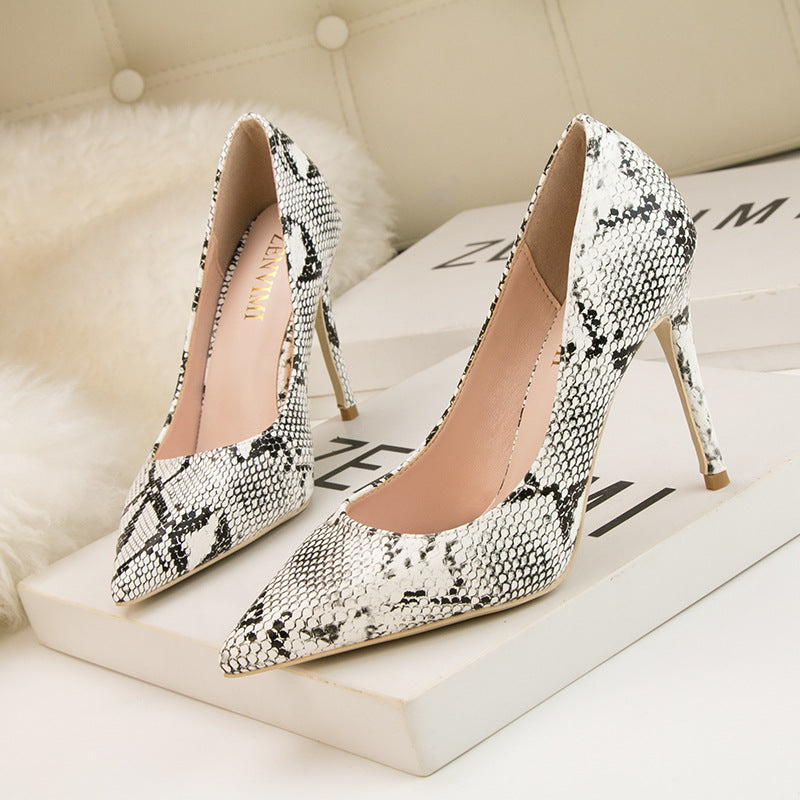 High-heeled Shallow Mouth Snake Pattern Pointed Toe Nightclub Thin High-heeled Shoes