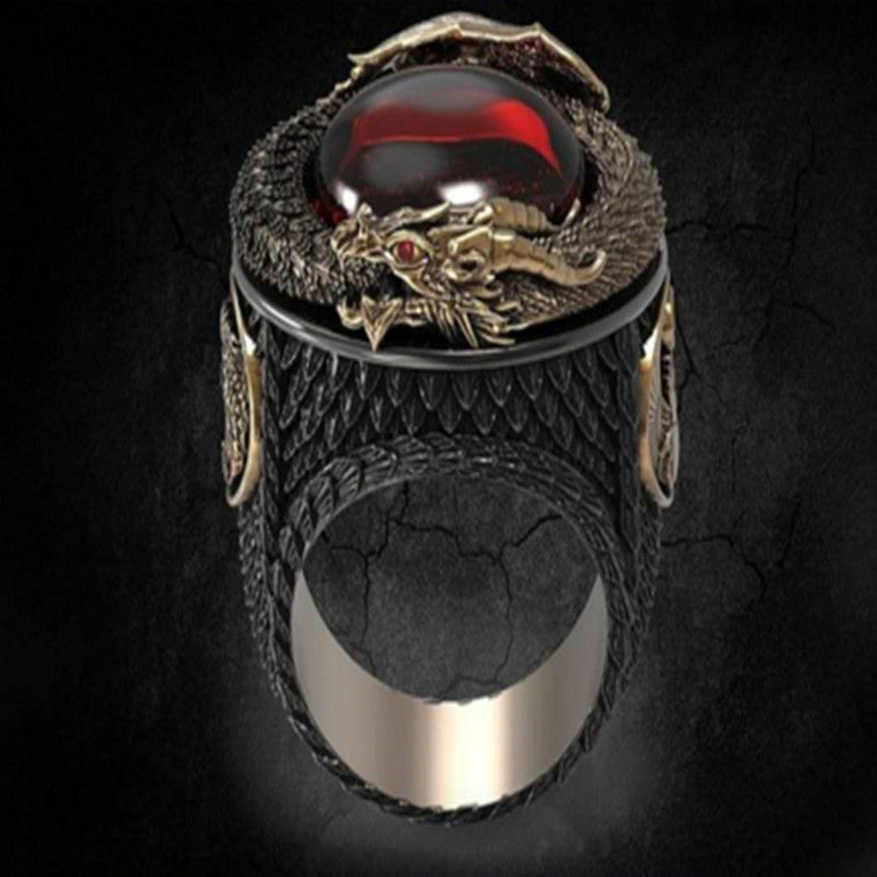 Two-Tone Vintage Domineering Carved Dragon Ring Inlaid Gemstone