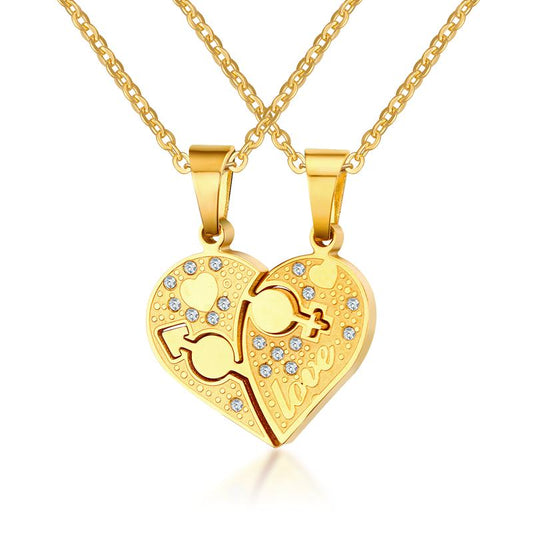 Titanium Steel Rhinestone Heart-shaped Couple Pendant Necklace
