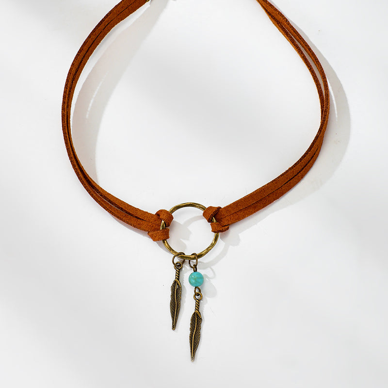 Vintage Alloy Feather Leather Choker Necklace