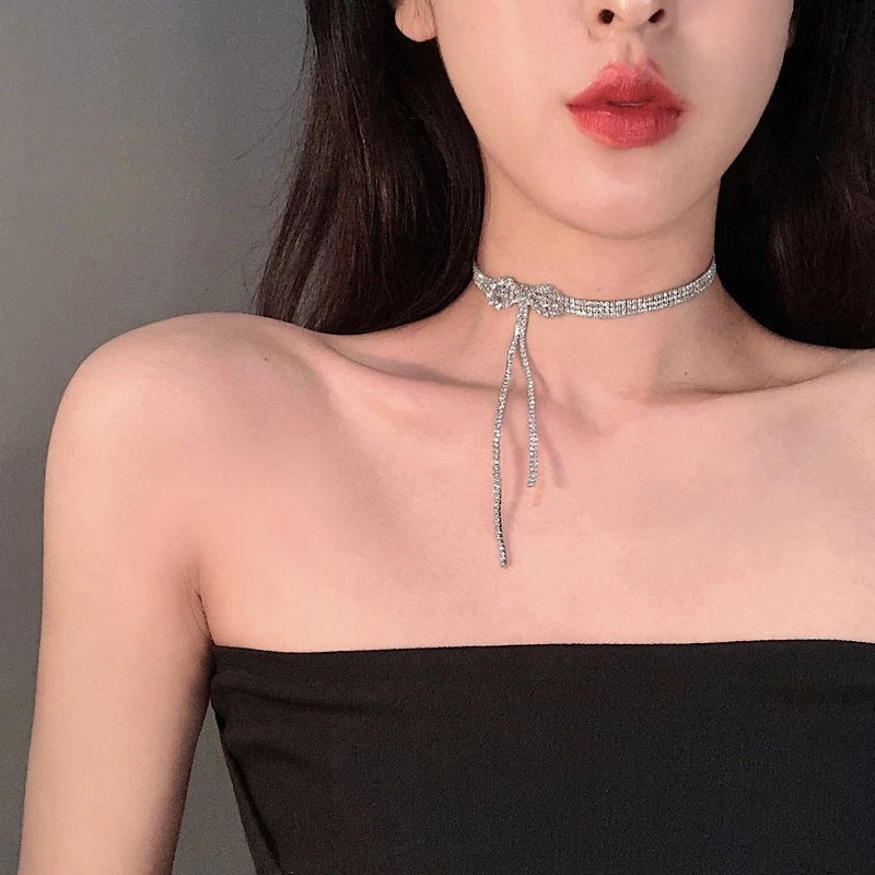 Diamond Bow Tassel Choker Necklace