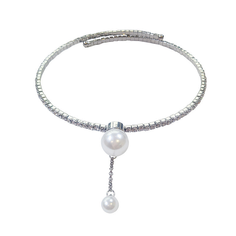Women's Short Full Diamond Pearl Choker Collarbone Chain