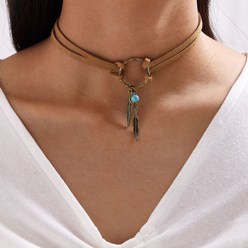 Vintage Alloy Feather Leather Choker Necklace