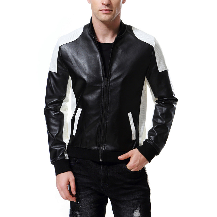 Black & White Color-block PU Leather Jacket