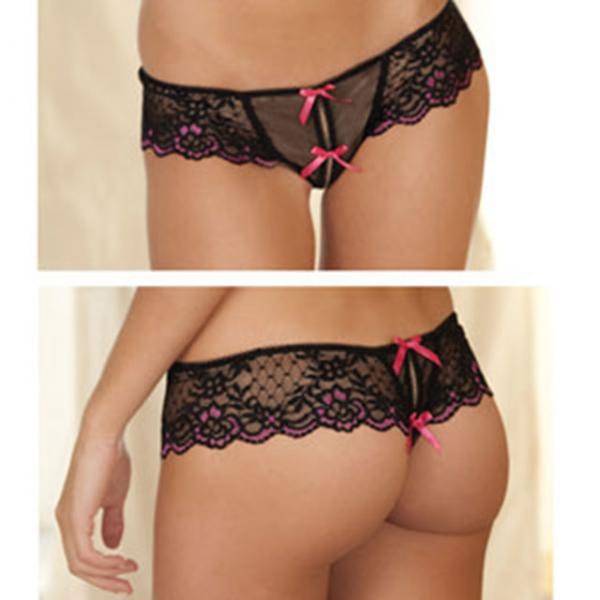 Rene Rofe Crotchless Lace Thong Bows Black S/M