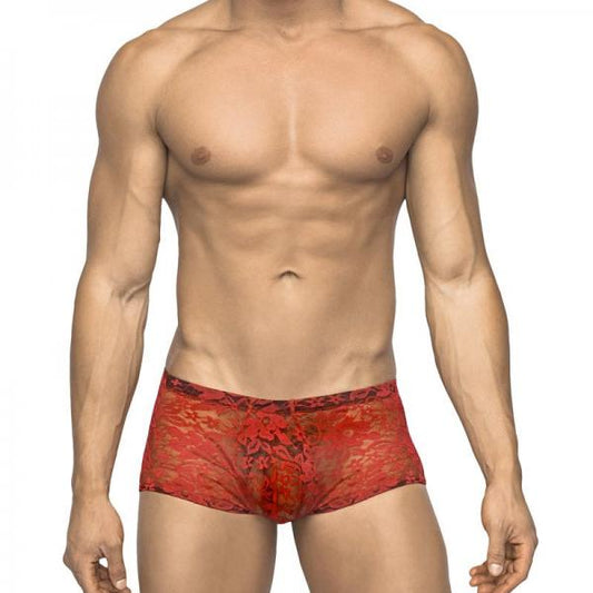 Male Power Stretch Lace Mini Short Red X-large