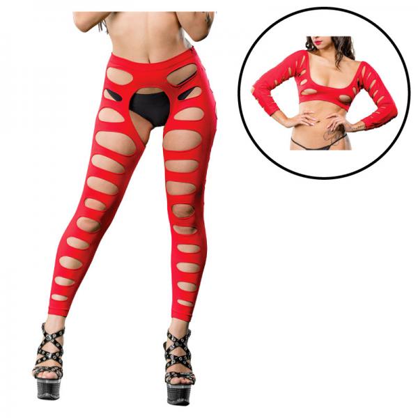 Red Variegated Holes Crotchless Legging