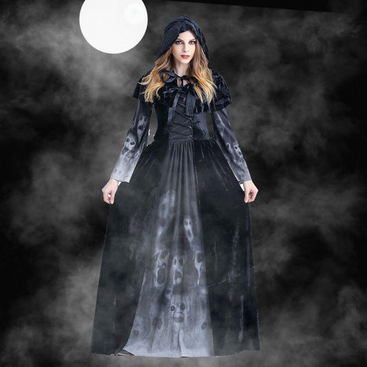 Halloween Women Medieval Gothic Witch Maleficent Horror Scary Cosplay Costume Carnival Party Ghost Long Black Hooded Dress