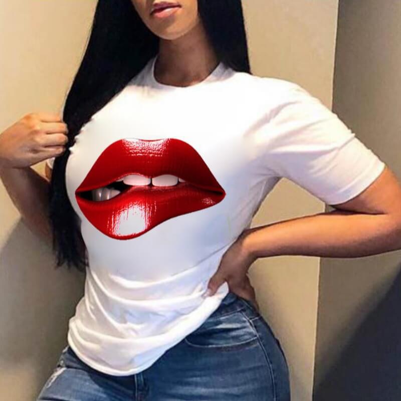 Women's Lips Print Short Sleeves Round Neck T-shirt