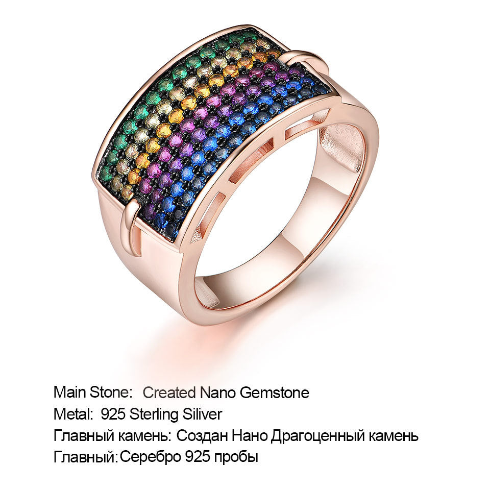 Color Treasure S925 Sterling Silver Rainbow Personality Gemstone Ring