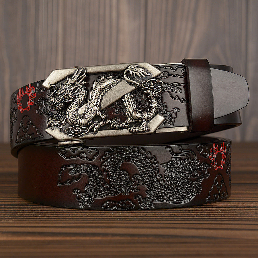 Double Dragon Pattern Leather Belt with Z Dragon Buckle