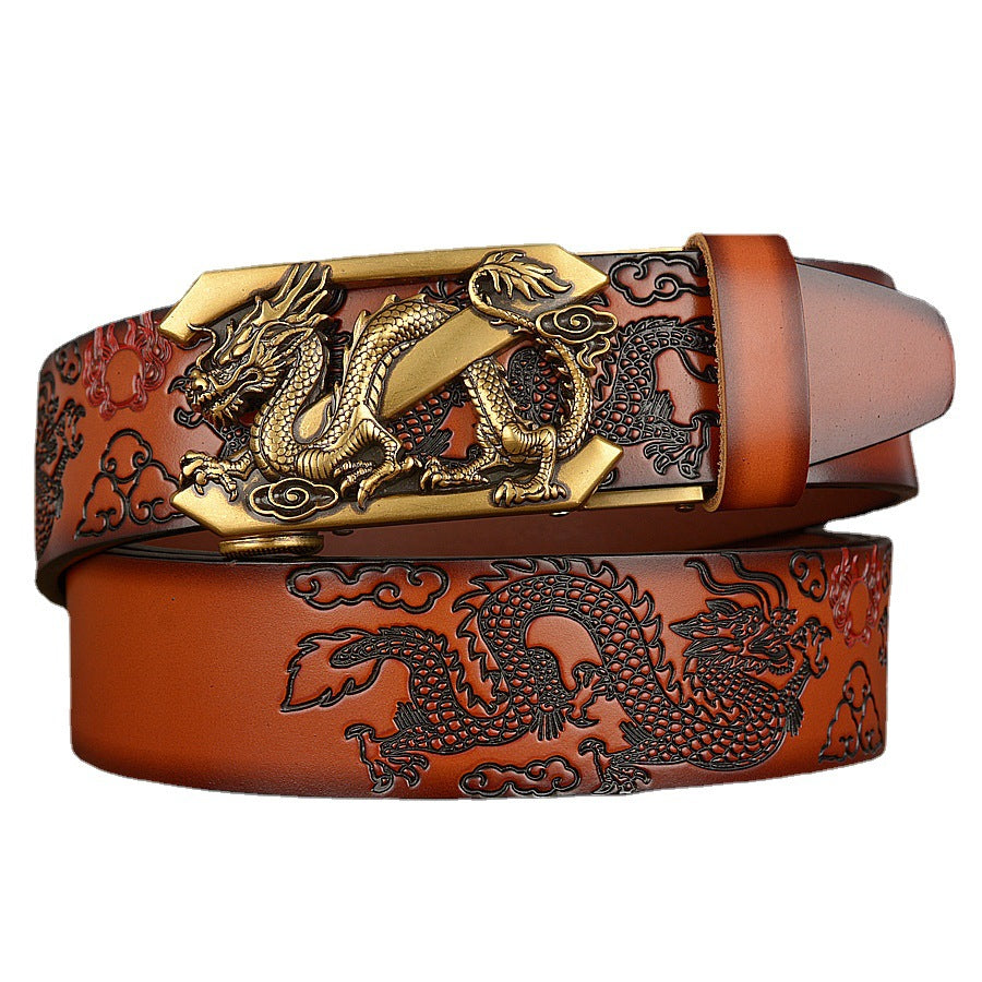 Double Dragon Pattern Leather Belt with Z Dragon Buckle