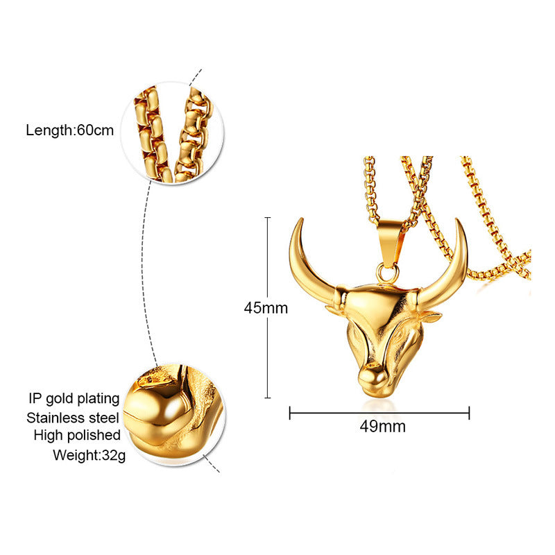 Stainless Steel Animal Bull Head Casting Pendant Golden Necklace