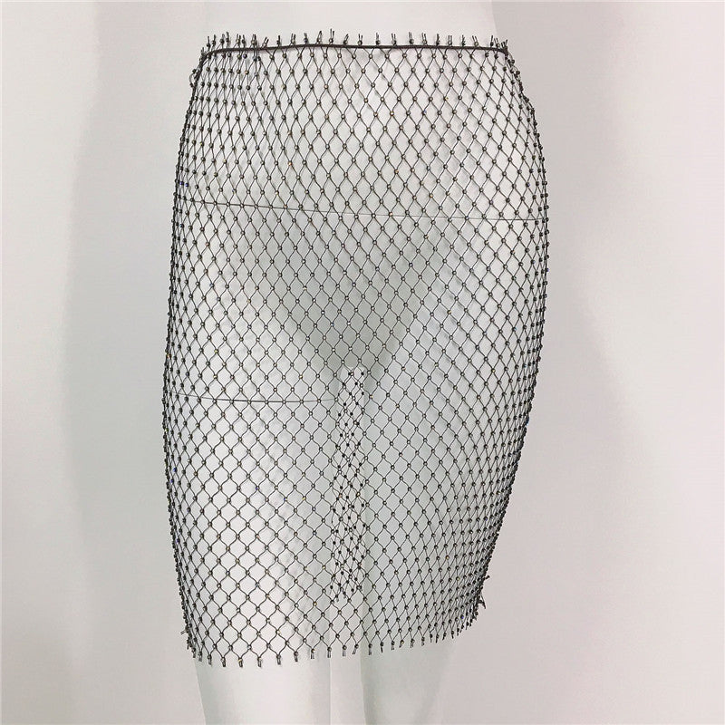 Women's Grid Drill See-Through Hip Short Skirt