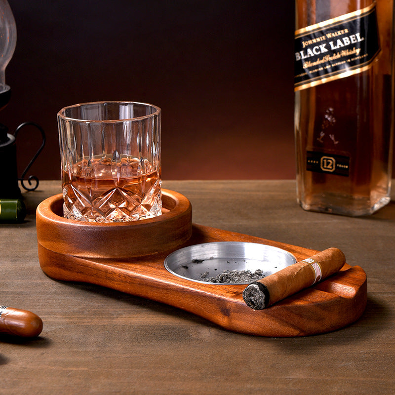2 In 1 Wooden Ashtray Rustic Wood Whiskey Glass Cup Tray And Cigar Holder
