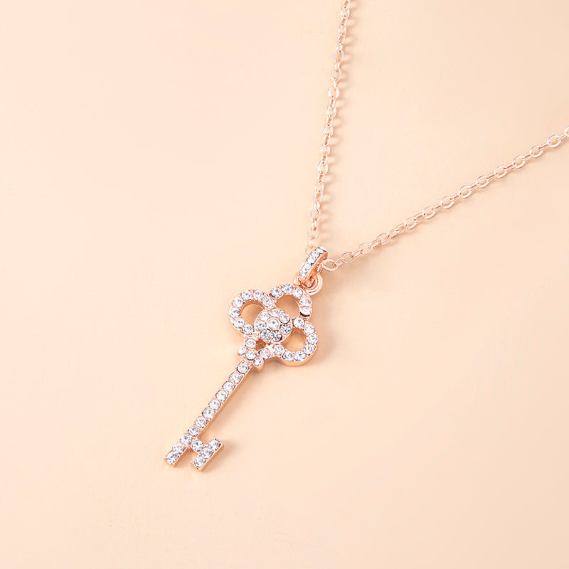 Rose Gold Rhinestone Heart Crown Key Pendant Necklace For Women