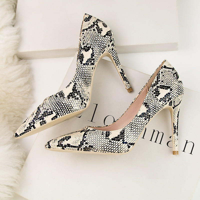 High-heeled Shallow Mouth Snake Pattern Pointed Toe Nightclub Thin High-heeled Shoes