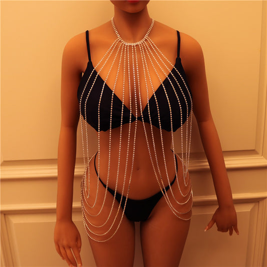 Sexy Tassel Body Chain Nightclub Fashion Exaggerated Multi-layer Rhinestone Necklace