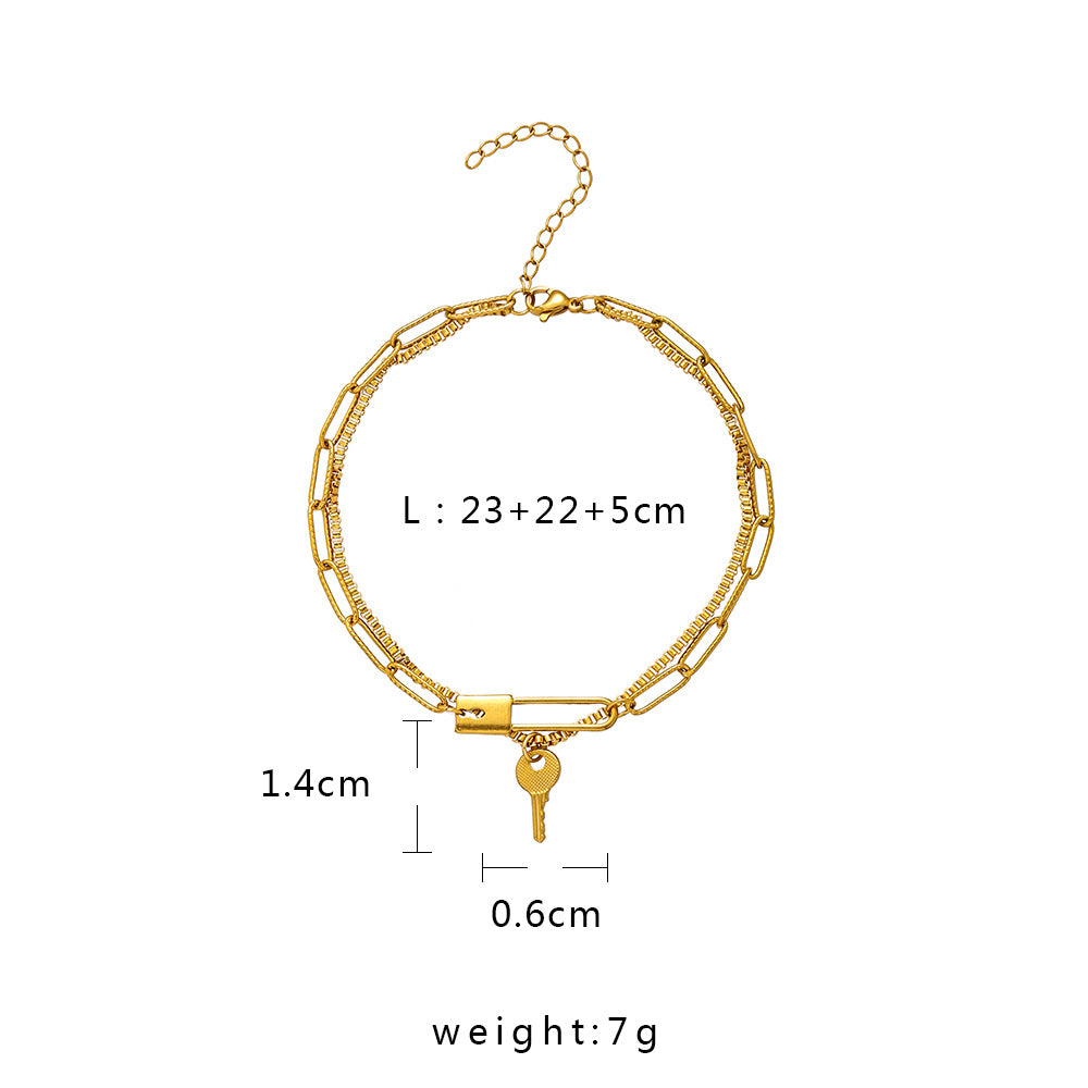 Stainless Steel Gold Double Key Pin Lock Anklet