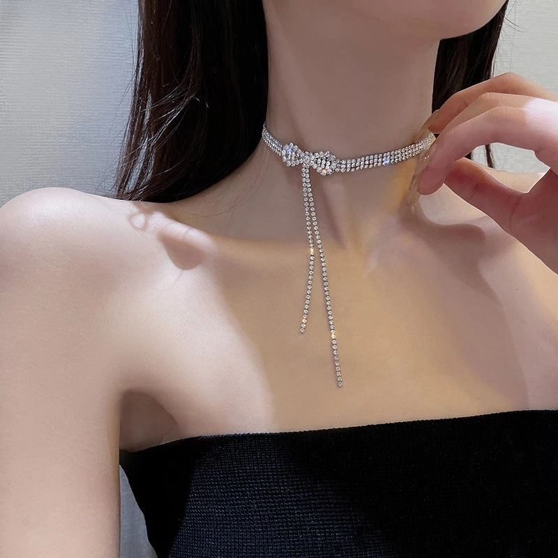 Diamond Bow Tassel Choker Necklace