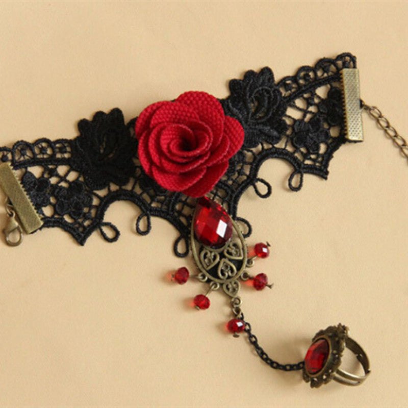Vintage Lace Red Rose Bracelet with Ring Tether