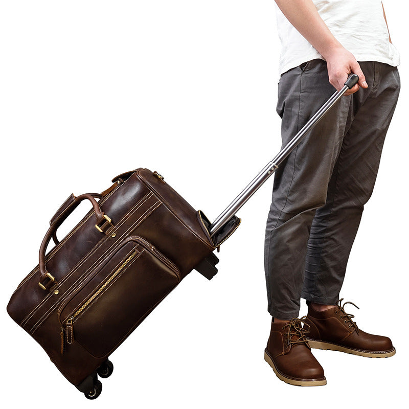 Men's Genuine Leather Trolley Case Retro Leather Travel Bag
