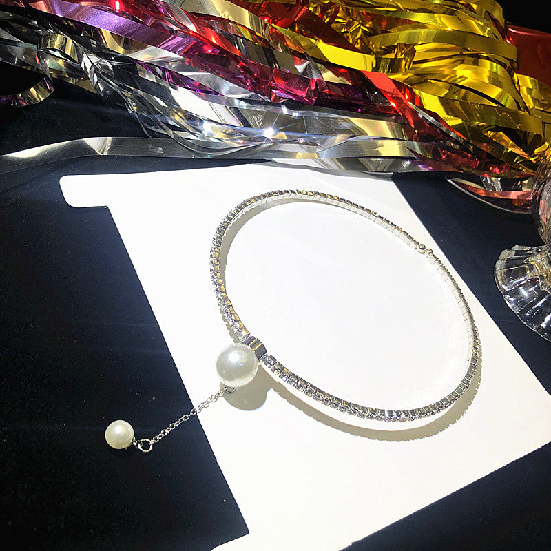 Women's Short Full Diamond Pearl Choker Collarbone Chain