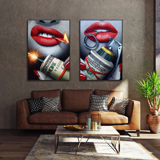 Red  Lips Dollar Gun Bullets Picture Canvas Painting