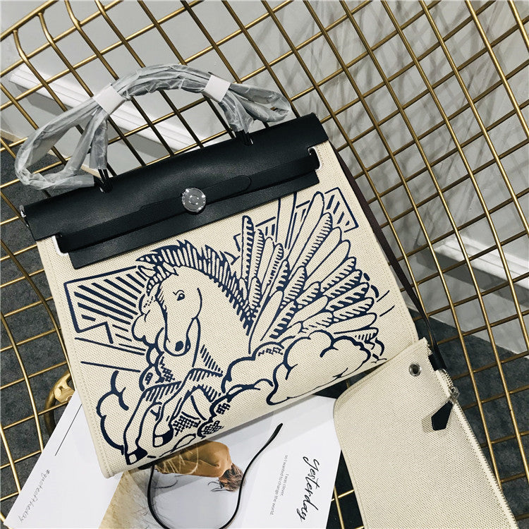 Pegasus Canvas Graffiti Leather Handbag